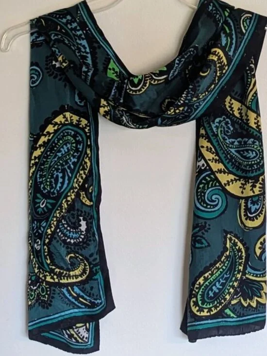 Vintage Anne Klein Silk Paisley Scarf | Black, Blue, Teal, Green, Yellow, Gold - Picture 3 of 3